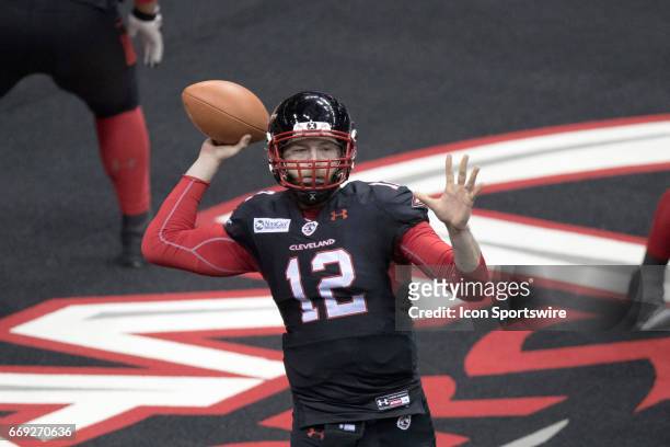 Cleveland Gladiators QB Tanner Marsh looks top pass out of his own end zone during the fourth quarter of the Arena League Football game between the...