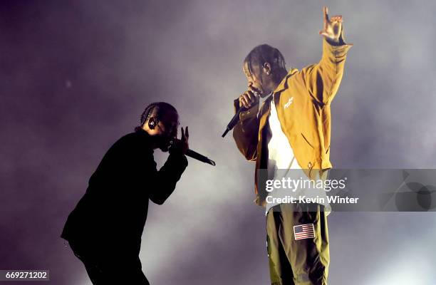 Rappers Kendrick Lamar and Travis Scott perform on the Coachella Stage during day 3 of the Coachella Valley Music And Arts Festival at the Empire...