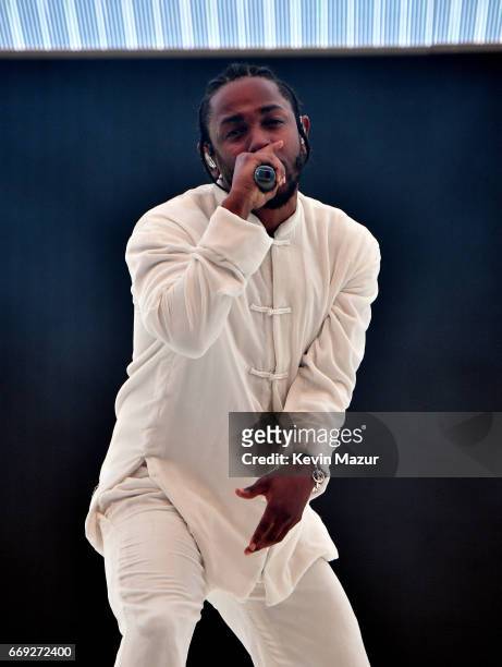 Rapper Kendrick Lamar performs on the Coachella Stage during day 3 of the Coachella Valley Music And Arts Festival at the Empire Polo Club on April...