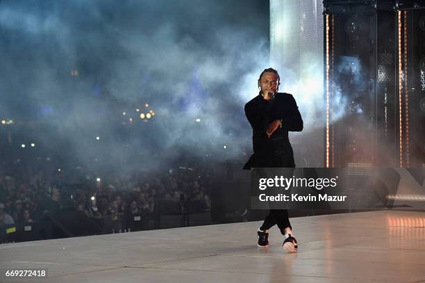 Rapper Kendrick Lamar performs on the Coachella Stage during day 3 of the Coachella Valley Music And Arts Festival at the Empire Polo Club on April...