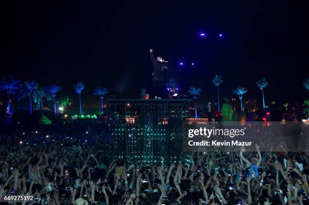 Rapper Kendrick Lamar performs on the Coachella Stage during day 3 of the Coachella Valley Music And Arts Festival at the Empire Polo Club on April...