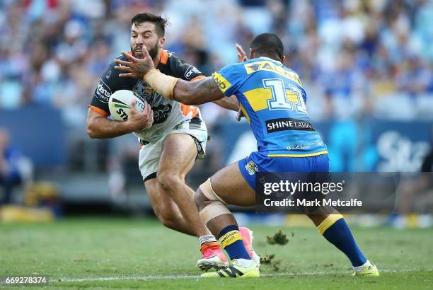 James Tedesco of the Tigers in action during the round seven NRL match between the Parramatta Eels and the Wests Tigers at ANZ Stadium on April 17,...