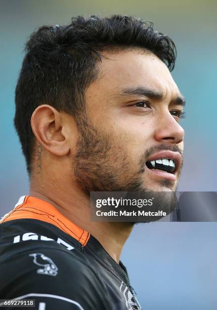 David Nofoaluma of the Tigers looks on during the round seven NRL match between the Parramatta Eels and the Wests Tigers at ANZ Stadium on April 17,...