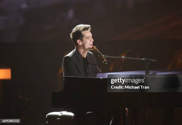 Brendon Urie of Panic! at the Disco performs onstage during the Stayin' Alive: A GRAMMY Salute To The Music Of The Bee Gees held at Microsoft Theater...