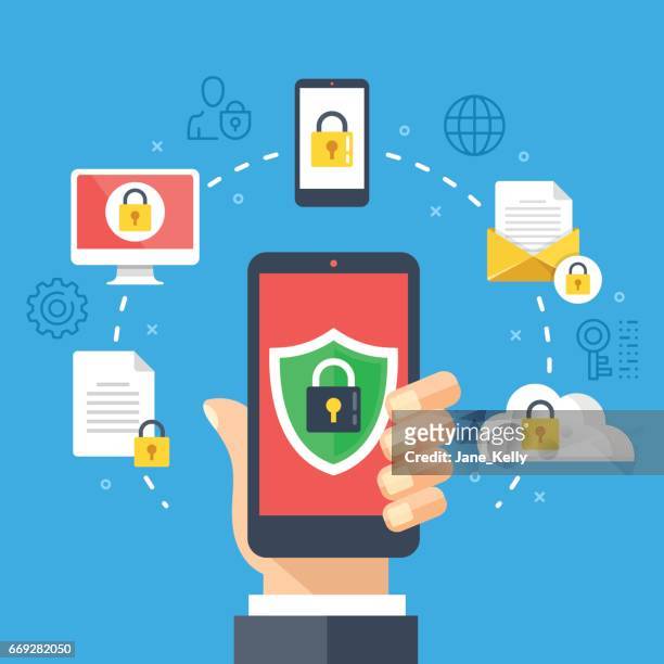 Mobile security, data protection concept. Hand holding smartphone, shield lock icon. Modern flat design graphic elements, thin line icons set. Vector illustration