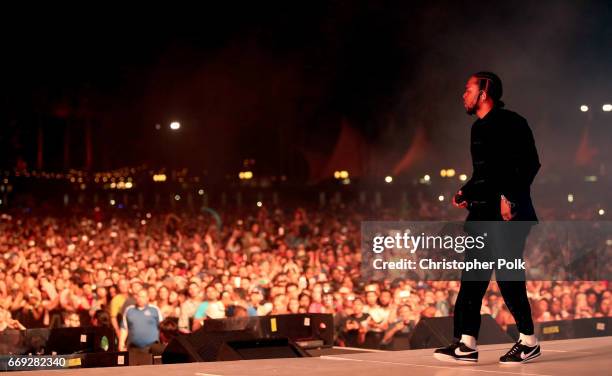 Rapper Kendrick Lamar performs on the Coachella Stage during day 3 of the Coachella Valley Music And Arts Festival at the Empire Polo Club on April...