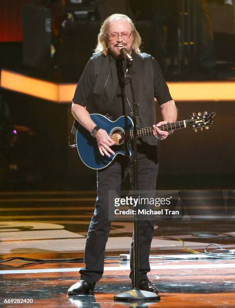 Barry Gibb of The Bee Gees performs onstage during the Stayin' Alive: A GRAMMY Salute To The Music Of The Bee Gees held at Microsoft Theater on...