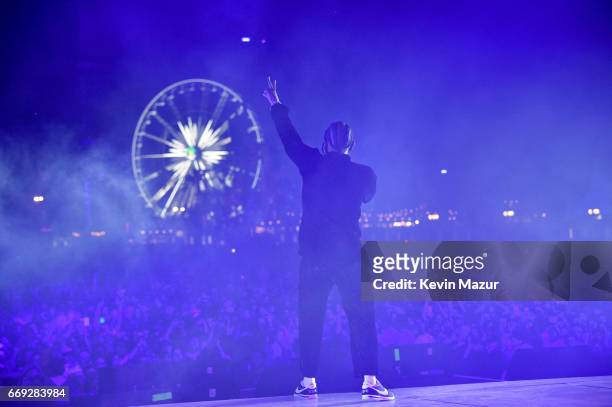 Kendrick Lamar performs on the Coachella Stage during day 3 of the Coachella Valley Music And Arts Festival at the Empire Polo Club on April 16, 2017...