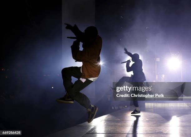 Rappers Travis Scott and Kendrick Lamar perform on the Coachella Stage during day 3 of the Coachella Valley Music And Arts Festival at the Empire...