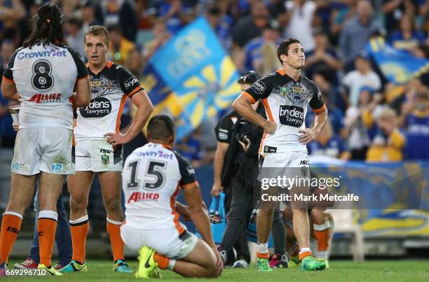 Mitch Moses of the Tigers looks dejected after defeat in the round seven NRL match between the Parramatta Eels and the Wests Tigers at ANZ Stadium on...