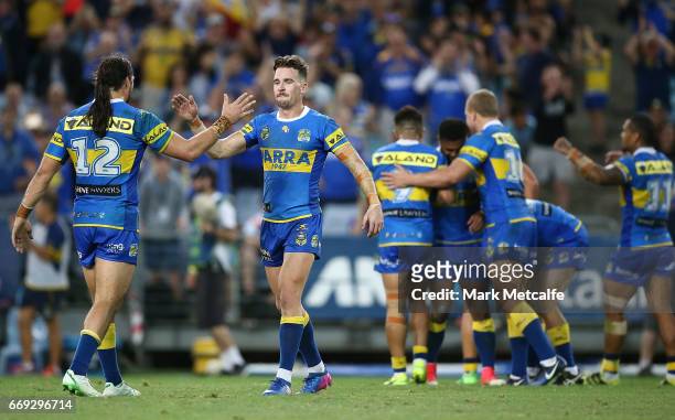 Eels players celebrate victory in the round seven NRL match between the Parramatta Eels and the Wests Tigers at ANZ Stadium on April 17, 2017 in...