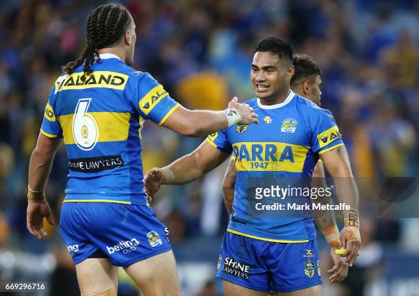 Eels players celebrate victory in the round seven NRL match between the Parramatta Eels and the Wests Tigers at ANZ Stadium on April 17, 2017 in...