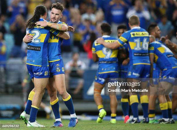 Eels players celebrate victory in the round seven NRL match between the Parramatta Eels and the Wests Tigers at ANZ Stadium on April 17, 2017 in...