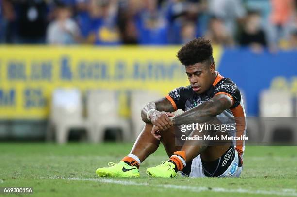 Kevin Naiqama of the Tigers looks dejected after defeat in the round seven NRL match between the Parramatta Eels and the Wests Tigers at ANZ Stadium...