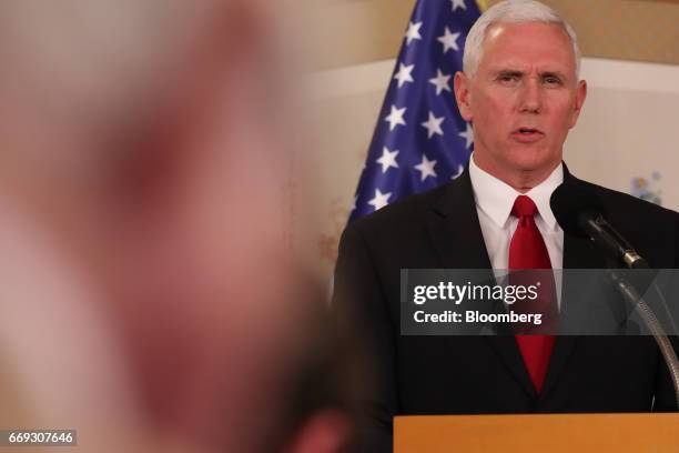 Vice President Mike Pence speaks during a joint news conference with Hwang Kyo-ahn, South Korea's acting president and prime minister, not pictured,...