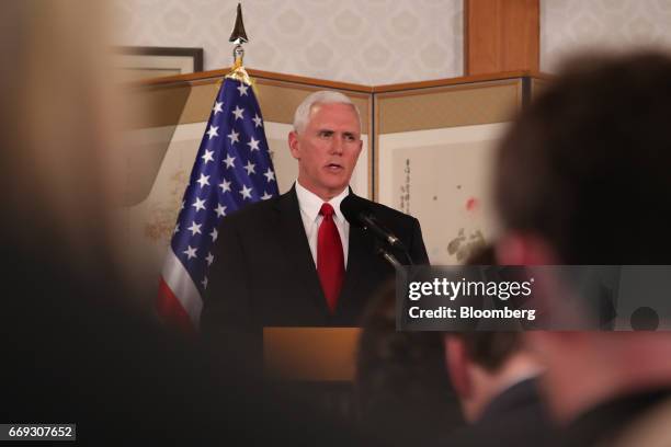 Vice President Mike Pence speaks during a joint news conference with Hwang Kyo-ahn, South Korea's acting president and prime minister, not pictured,...