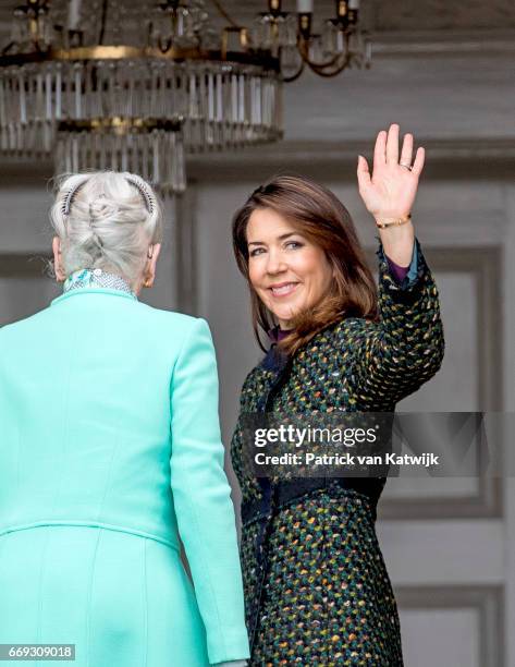 Queen Margrethe and Crown Princess Mary of Denmark attend the 77th birthday celebrations of Danish Queen Margrethe at Marselisborg Palace on April...