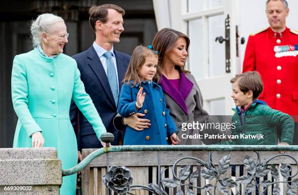 Queen Margrethe, Prince Joachim, Princess Marie, Prince Henrik and Princess Athena of Denmark attend the 77th birthday celebrations of Danish Queen...