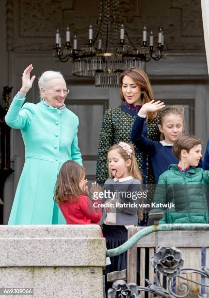 Queen Margrethe, Crown Princess Mary, Princess Isabella, Princess Josephine, Prince Henrik and Princess Athena of Denmark attend the 77th birthday...