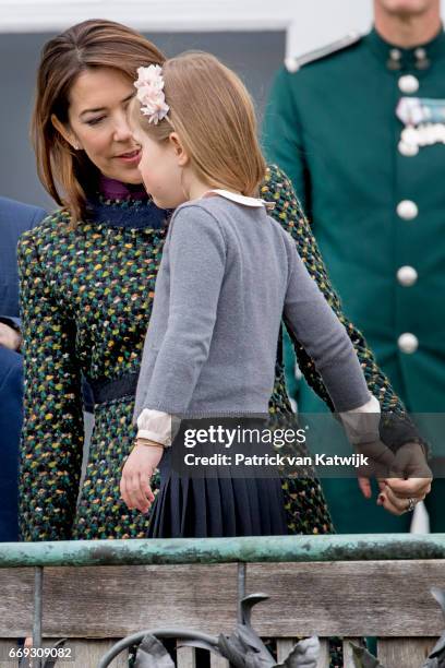 Crown Princess Mary and Princess Josephine of Denmark attend the 77th birthday celebrations of Danish Queen Margrethe at Marselisborg Palace on April...