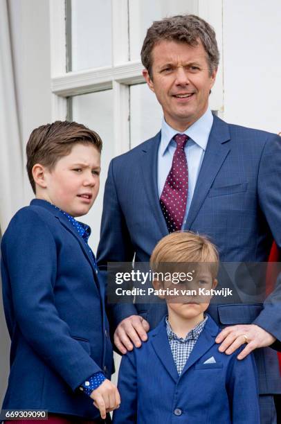 Crown Prince Frederik, Prince Christian and Prince Vincent of Denmark attend the 77th birthday celebrations of Danish Queen Margrethe at Marselisborg...