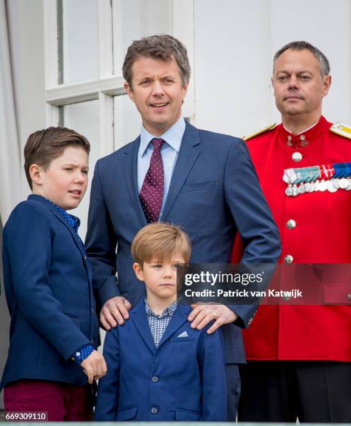 Crown Prince Frederik, Prince Christian and Prince Vincent of Denmark attend the 77th birthday celebrations of Danish Queen Margrethe at Marselisborg...