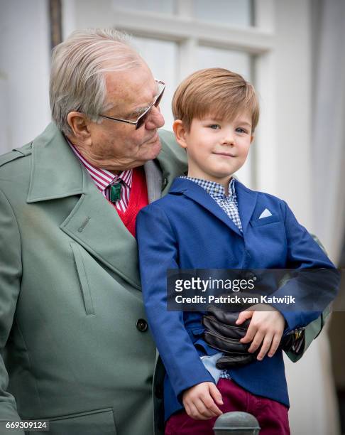 Prince Henrik and Prince Vincent of Denmark attend the 77th birthday celebrations of Danish Queen Margrethe at Marselisborg Palace on April 16, 2017...