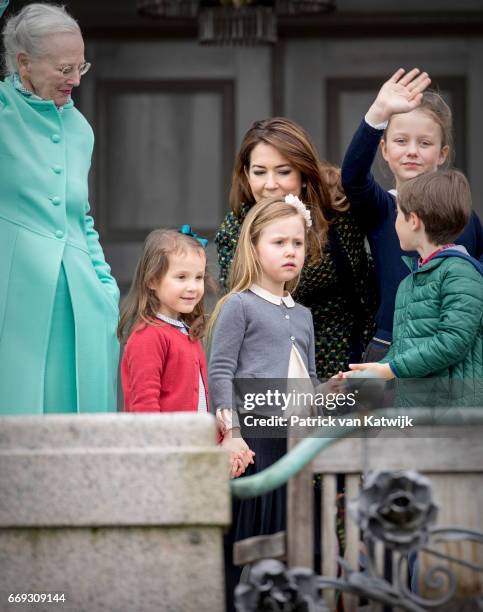 Queen Margrethe, Crown Princess Mary, Princess Isabella, Princess Josephine, Prince Henrik and Princess Athena of Denmark attend the 77th birthday...