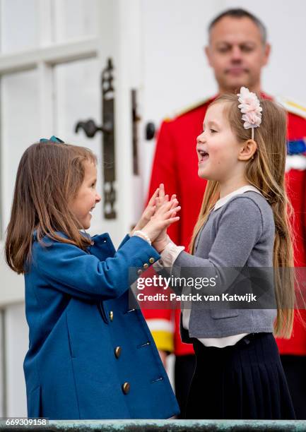 Princess Josephine and Princess Athena of Denmark attend the 77th birthday celebrations of Danish Queen Margrethe at Marselisborg Palace on April 16,...