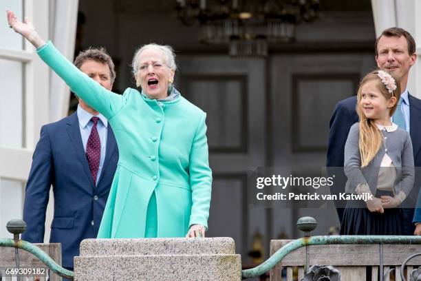 Queen Margrethe, Crown Prince Frederik, Prince Joachim and Princess Josephine of Denmark attend the 77th birthday celebrations of Danish Queen...