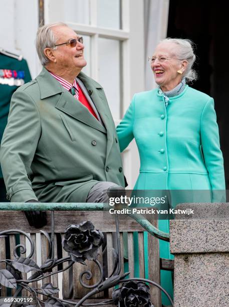 Queen Margrethe with her husband Prince Henrik of Denmark attend her 77th birthday celebrations at Marselisborg Palace on April 16, 2017 in Aarhus,...