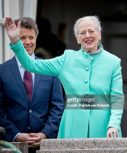 Queen Margrethe with her son Crown Prince Frederik of Denmark attend her 77th birthday celebrations at Marselisborg Palace on April 16, 2017 in...