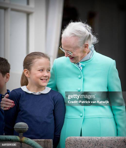 Queen Margrethe and Princess Isabella of Denmark attend the 77th birthday celebrations of Danish Queen Margrethe at Marselisborg Palace on April 16,...