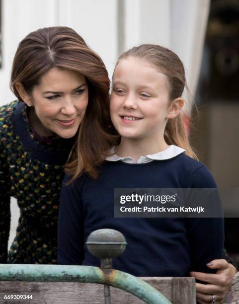 Crown Princess Mary and Princess Isabella of Denmark attend the 77th birthday celebrations of Danish Queen Margrethe at Marselisborg Palace on April...