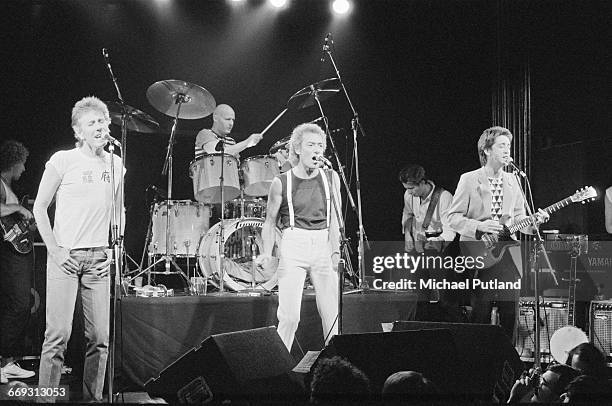 English pop and rock group The Hollies performing in New York, October 1983. Left to right: Steve Stroud, Graham Nash, Bobby Elliott, Allan Clarke,...