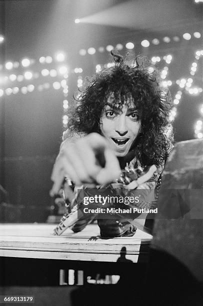 Guitarist and singer Paul Stanley performing with American glam metal group, Kiss, August 1983.