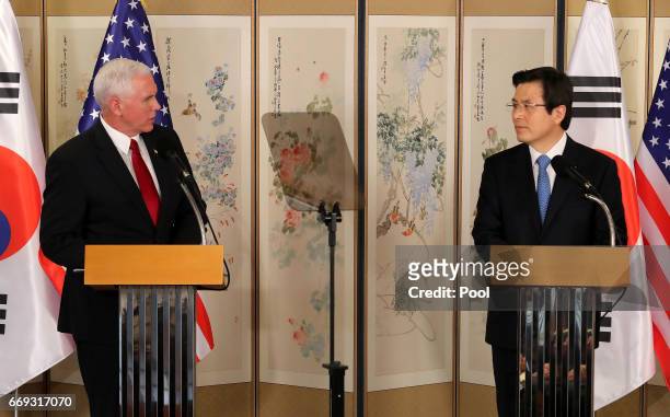 Vice President Mike Pence attends with South Korean acting president and prime minister Hwang Kyo-ahn during their joint press conference on April...