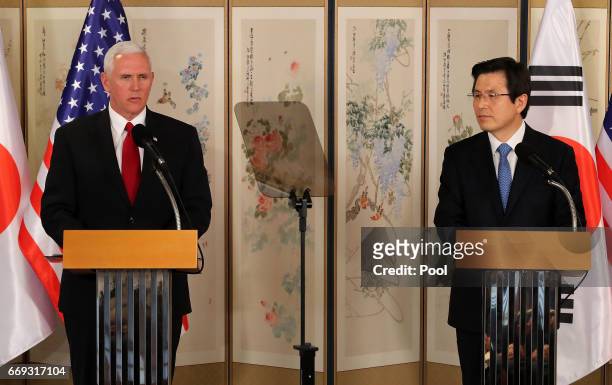 Vice President Mike Pence attends with South Korean acting president and prime minister Hwang Kyo-ahn during their joint press conference on April...