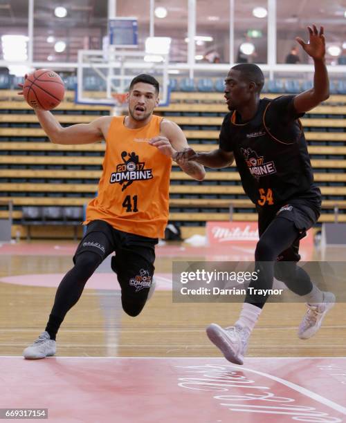 Tyson Hoffmann dreibbles the ball during the NBL Combine 2017/18 at Melbourne Sports and Aquatic Centre on April 17, 2017 in Melbourne, Australia.