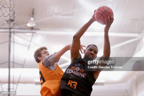 Christopher Kaba pulls down a rebound during the NBL Combine 2017/18 at Melbourne Sports and Aquatic Centre on April 17, 2017 in Melbourne, Australia.