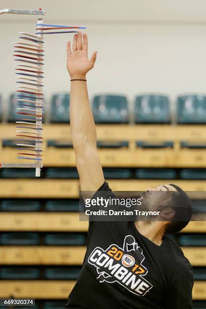 Dyson King Hawea takes part in the vertcle leap test during the NBL Combine 2017/18 at Melbourne Sports and Aquatic Centre on April 17, 2017 in...