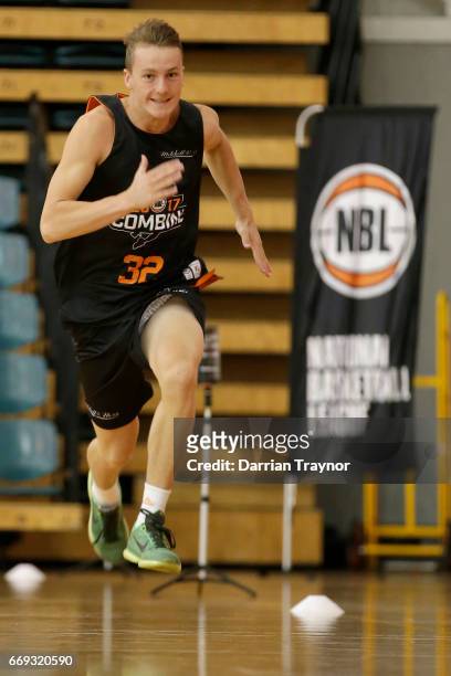 Alexander Mudronja does his sprint testing during the NBL Combine 2017/18 at Melbourne Sports and Aquatic Centre on April 17, 2017 in Melbourne,...