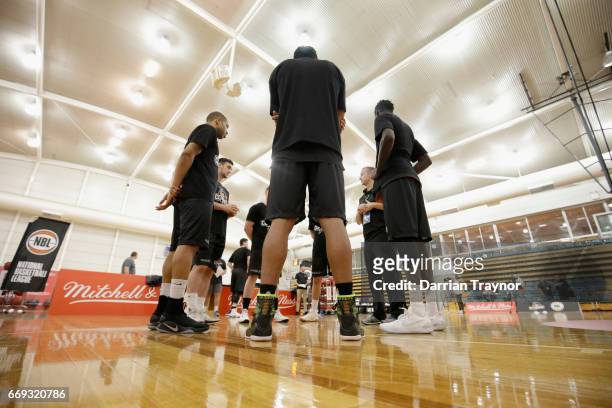 Players talk tactics during the NBL Combine 2017/18 at Melbourne Sports and Aquatic Centre on April 17, 2017 in Melbourne, Australia.