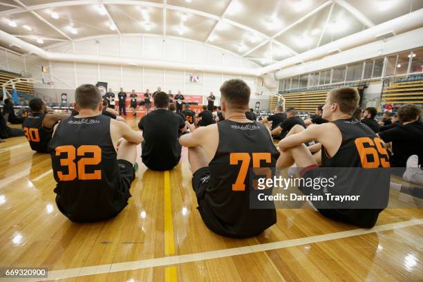 Players listen to instructions during the NBL Combine 2017/18 at Melbourne Sports and Aquatic Centre on April 17, 2017 in Melbourne, Australia.