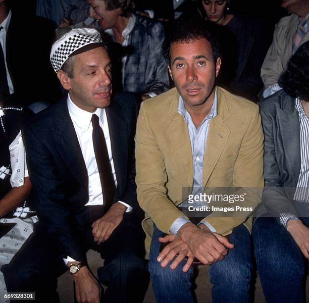 Steve Rubell and David Geffen attend the Calvin Klein Fall 1985 Fashion Show circa 1985 in New York City.