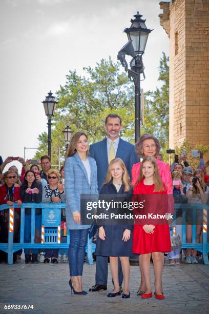 King Felipe, Queen Letizia, Queen Sofia, Princess Leonor and Princess Sofia of Spain attend the easter mass on April 16, 2017 in Palma de Mallorca,...