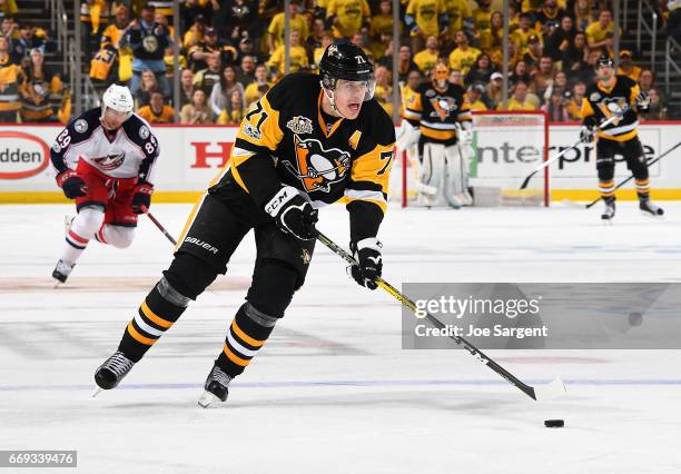 Evgeni Malkin of the Pittsburgh Penguins skates against the Columbus Blue Jackets in Game Two of the Eastern Conference First Round during the 2017...