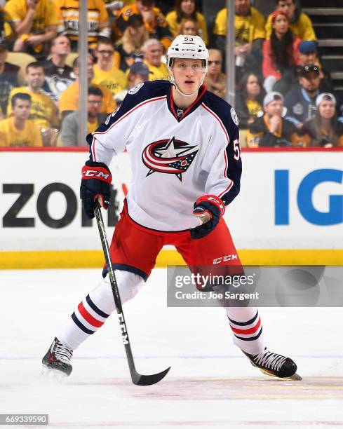 Gabriel Carlsson of the Columbus Blue Jackets skates against the Pittsburgh Penguins in Game Two of the Eastern Conference First Round during the...