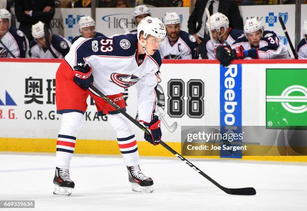 Gabriel Carlsson of the Columbus Blue Jackets skates against the Pittsburgh Penguins in Game Two of the Eastern Conference First Round during the...