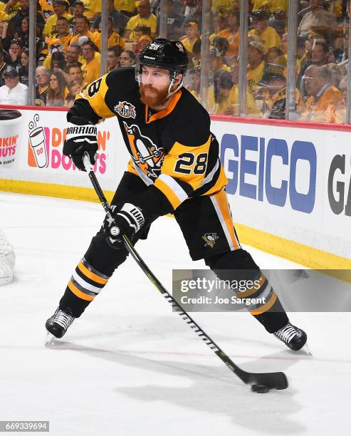 Ian Cole of the Pittsburgh Penguins skates against the Columbus Blue Jackets in Game Two of the Eastern Conference First Round during the 2017 NHL...